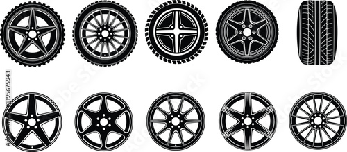 Car Wheel and Tire Rim Collection, Automotive Alloy Wheel Silhouette Set, Technical Flat Vector Illustration for Garage Service and Vehicle Performance Design Graphic