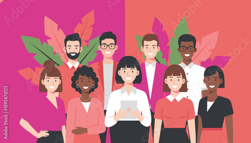 Diverse business team illustration smiling group portrait showing partnership and global inclusion