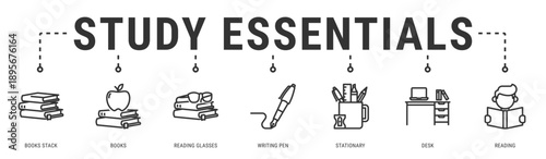 Study Essentials web banner icon vector illustration featuring Books Stack, Books, Reading Glasses, Writing Pen, Stationary and Desk
