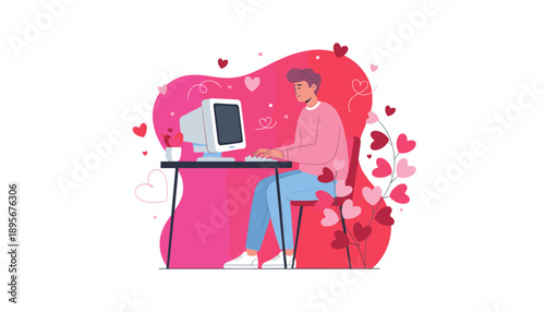 Man using a vintage computer for online dating or sending romantic Valentine messages