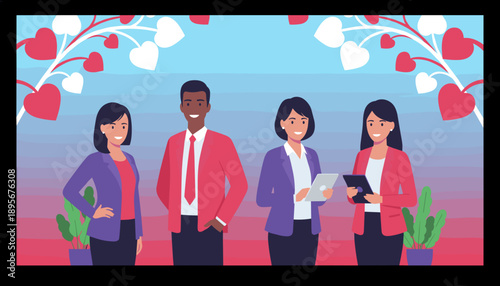 Diverse business team smiling under heart vines Corporate appreciation love or Valentines Day marketing concept