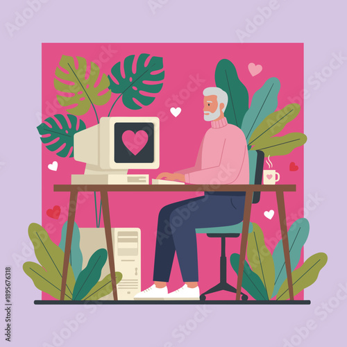 Senior man dating online using retro computer surrounded by hearts and plants in flat vector style