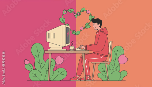 Digital romance Man finds love online using a retro computer in a vibrant illustrated setting
