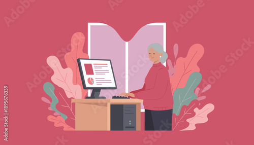 Senior woman working on a desktop computer focusing on business data or digital literacy
