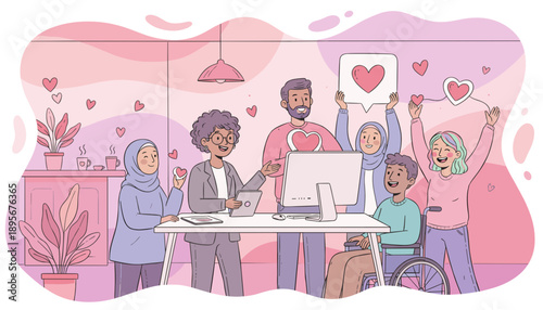 Diverse team collaboration showing social media success community and support with hearts and likes