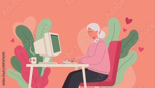 Illustration of a happy elderly woman browsing the internet on a desktop computer
