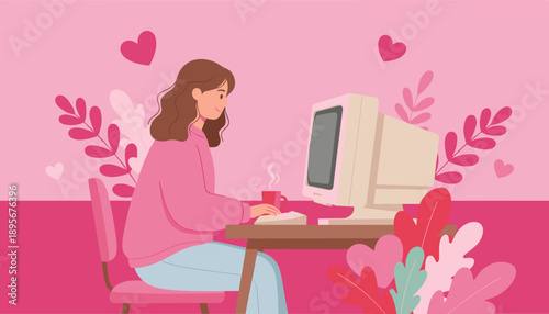 Woman works on a retro computer surrounded by pink hearts and plants Online love concept