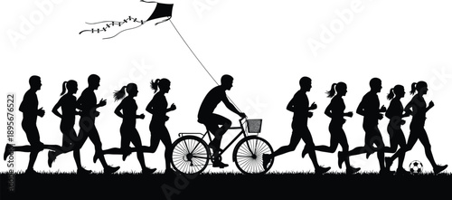 People silhouette group running together with cyclist flying kite, outdoor activity and teamwork concept illustrating fitness, freedom, leisure, and active lifestyle in nature