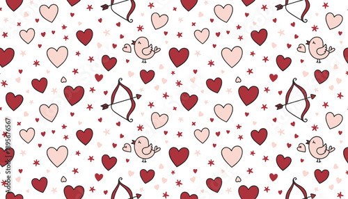 Cute seamless pattern of hearts Cupid bows and lovebirds on white Perfect for Valentines Day designs