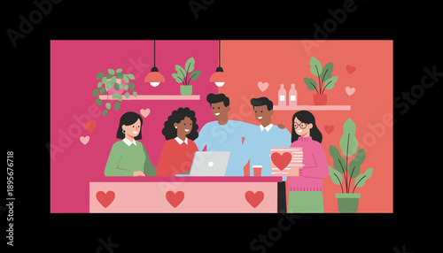 Diverse group celebrating friendship and love in a modern cafe Teamwork and social connections illustration