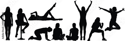 People silhouette set in different poses including sitting, jumping, standing, and stretching, human body movements for lifestyle, fitness, activity, and character design concepts