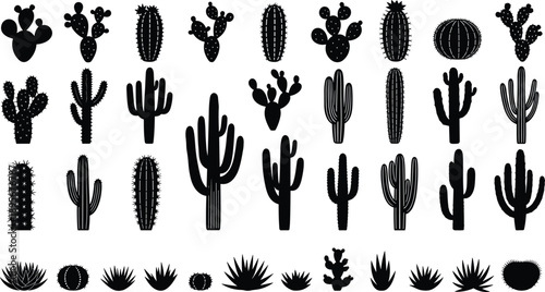 Cactus silhouette collection, succulent plants, desert flora, spiky leaves, botanical shapes, grayscale background, nature design, plant diversity, illustration, minimal