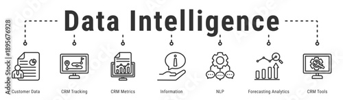 Data Intelligence web banner icon vector illustration featuring Customer Data, CRM Tracking, CRM Metrics, Information, NLP and Forecasting Analytics