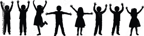 Children silhouette, joyful kids, playful poses, raised arms, expressive gestures, childhood fun, group energy, happy children, black figures, celebration moment