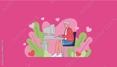Young man typing on a computer surrounded by hearts and lush plants Concept of online dating or remote work