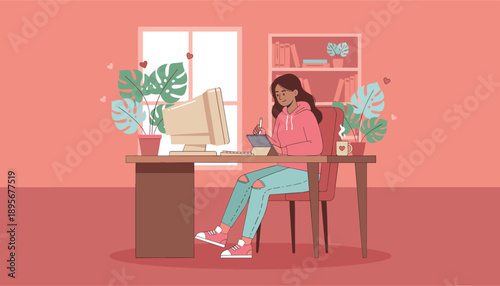 Creative woman working remotely on a tablet with a retro monitor in a pink home office