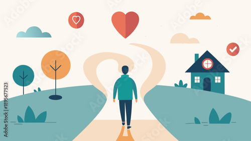 A person stands at a crossroads, contemplating a choice with a house and trees in the background, evoking feelings of solitude and introspection.