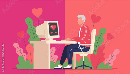 Elderly man finding love on a vintage computer Digital dating and connection concept illustration