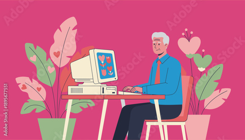 Happy senior man uses vintage computer for lovedating surrounded by retro plants