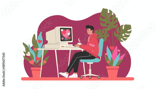 Dating online concept Man chatting on retro PC with hearts enjoying remote romance