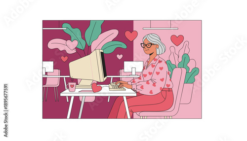 Smiling senior woman types emails on a retro PC in a pink office celebrating love work and technology