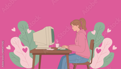 Smiling woman works remotely on a retro computer with pink heart background and plants