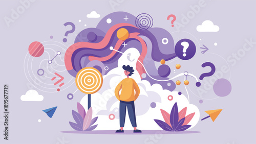 A person stands alone surrounded by question marks and thought bubbles, conveying confusion and uncertainty.