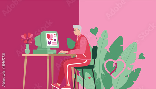 Man uses a retro computer for online dating modern senior love and digital connection illustration