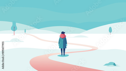 A tiny person stands alone on a winding path, surrounded by a serene and peaceful landscape, evoking feelings of solitude and contemplation.