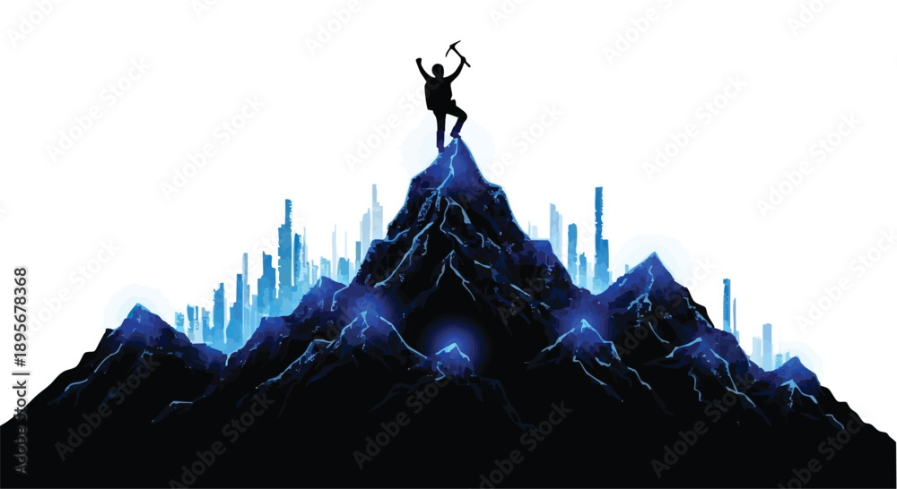 Fototapeta premium Man at top of mountain with tech elements concept, symbolizing achievement, innovation, and futuristic success in a modern vector style