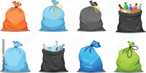 Colorful trash bags set illustration showing garbage recycling waste sacks plastic bottles isolated on white background for waste management and environmental design concepts