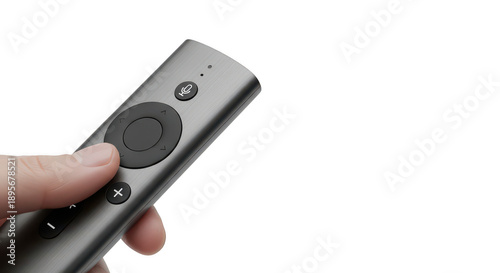 Hand holding remote control close up, gray on transparent background
