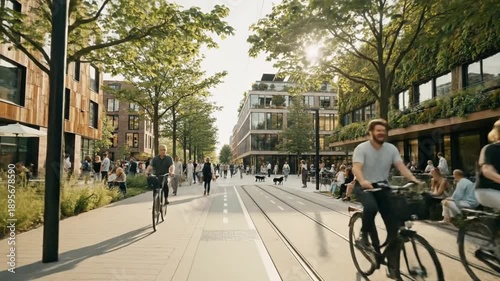 People walking and cycling in a modern eco-friendly city surrounded by green trees, representing sustainable urban living, clean environment, and a healthy lifestyle in natural daylight.