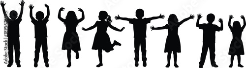 Children silhouette, playful poses, expressive movement, jumping child, raised arms, joyful energy, black figures, childhood fun, group stance, happy kids