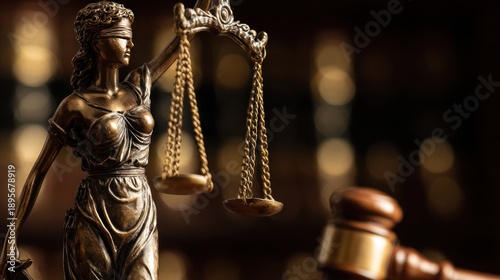 Lady Justice Statue with Scales and Gavel in Background.