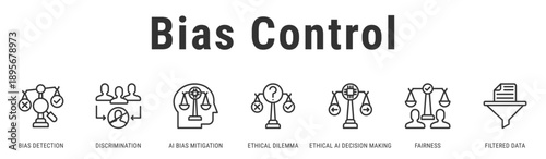Bias & Fairness Control web banner icon vector illustration featuring Bias Detection, Discrimination and AI Bias Mitigation