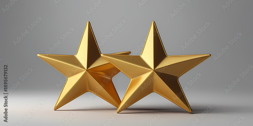 Obraz premium Two golden stars overlapping on a gray surface viewed from a slightly elevated angle