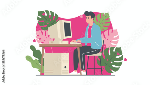 Digital worker uses old computer surrounded by tropical leaves representing retro computing and lifestyle