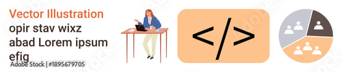 Technology, coding, business analytics, teamwork, education, career growth. Woman using a laptop, coding symbol pie chart with team sections. Technology and coding visually