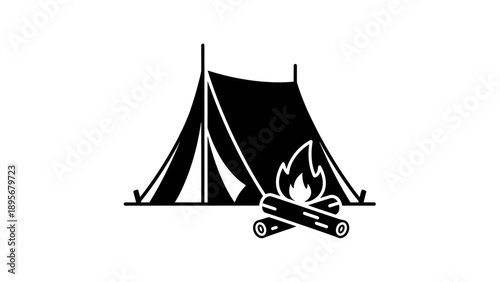 Camping scene with tent and campfire in a serene outdoor environment viewed from the side