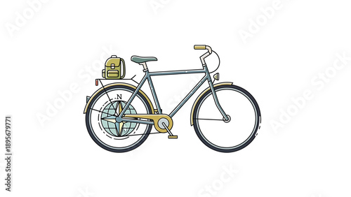 A gray bicycle with yellow accents and a bag on the back, viewed from the side