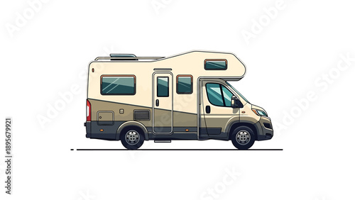A detailed illustration of a modern camper van parked on a flat surface viewed from the side