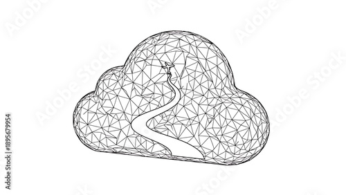 A person jumping from a cloud with a network of lines and shapes forming the cloud's structure viewed from the side