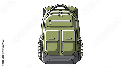 A detailed illustration of a green backpack with multiple pockets and straps on a plain background from a front viewpoint