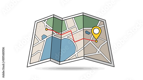 Navigating through a detailed map with a marked route and location pin, showcasing a journey through various terrains and landmarks from an aerial viewpoint.