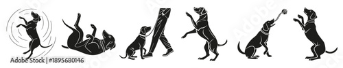 Dog icon, position next to handler's leg, monochrome black design, clean simple lines, minimalist style, vector icon