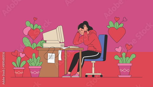 Stressed woman overwhelmed by work and old technology suffering anxiety and emotional burnout