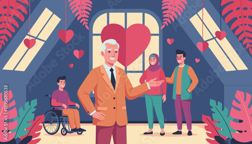 Diverse group with seniors and accessibility celebrating community love and inclusion in a stylized room