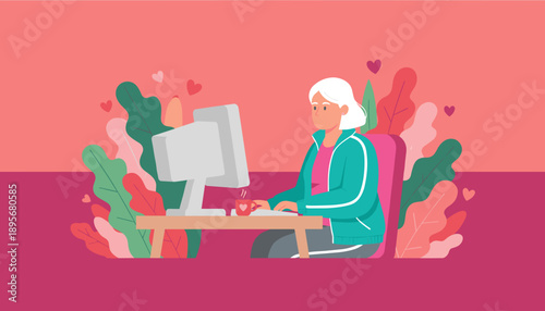Elderly woman using computer at home office surrounded by plants and hearts Remote work technology love