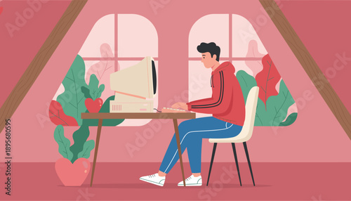 Young man works on a vintage computer in a cozy plantfilled home office illustration